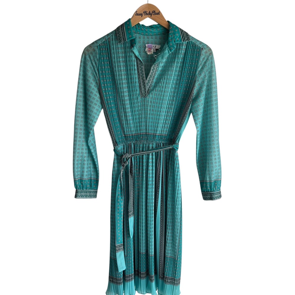 P.C.F. PETITES VINTAGE Turquoise Geometric Long‎ Sleeve Sheer Belted Dress, 8P